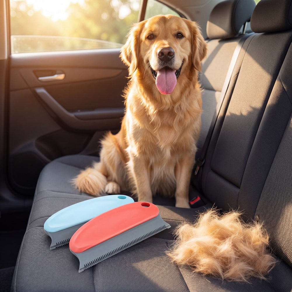 Our golden retriever in the back seat with FurLift combs and the fur they removed