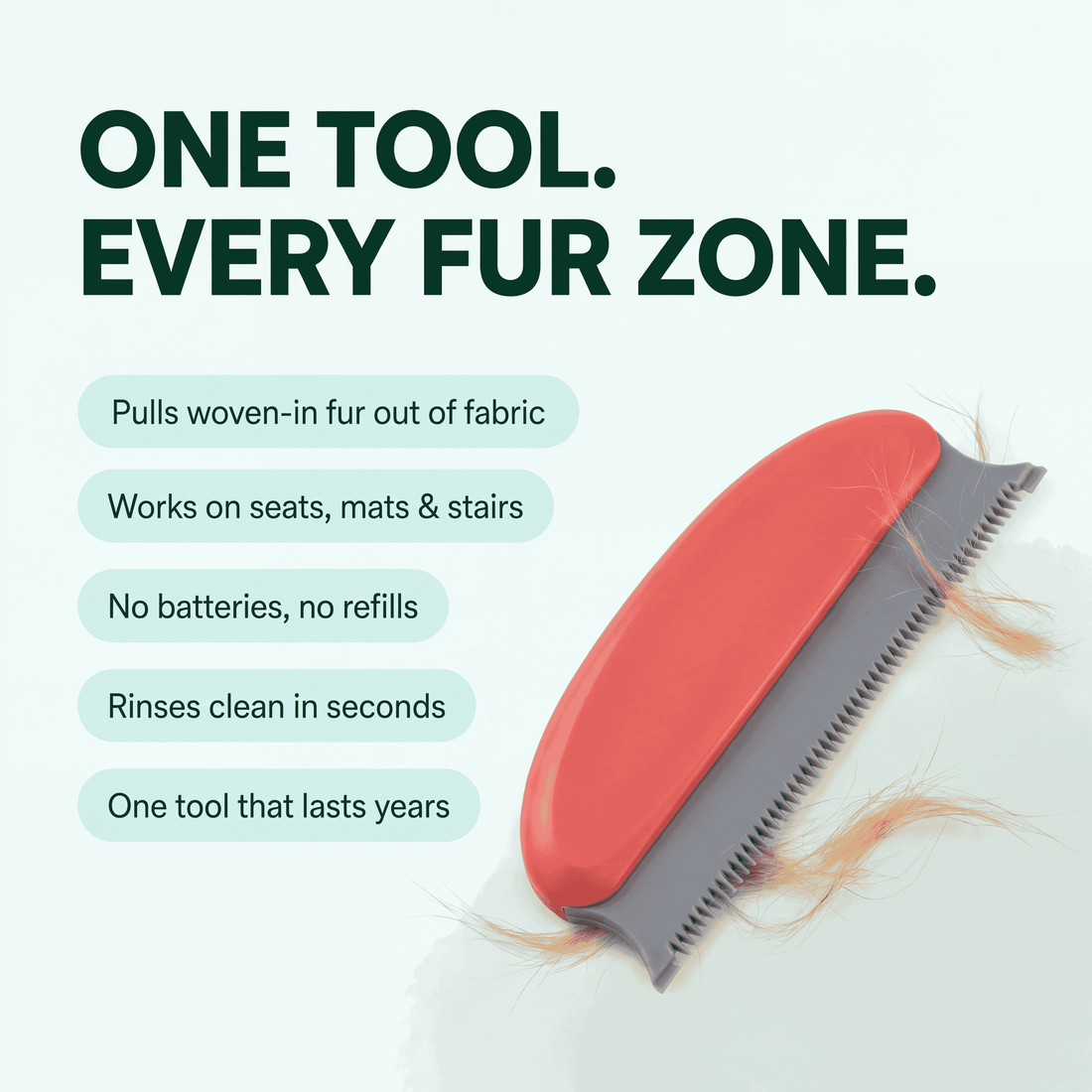 One tool for every fur zone — FurLift pulls woven-in pet hair from car seats, mats and stairs, no batteries, rinses clean